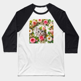 Petals and Paws: A Funny and Cute Cat's Enchanting Floral Frolic Baseball T-Shirt